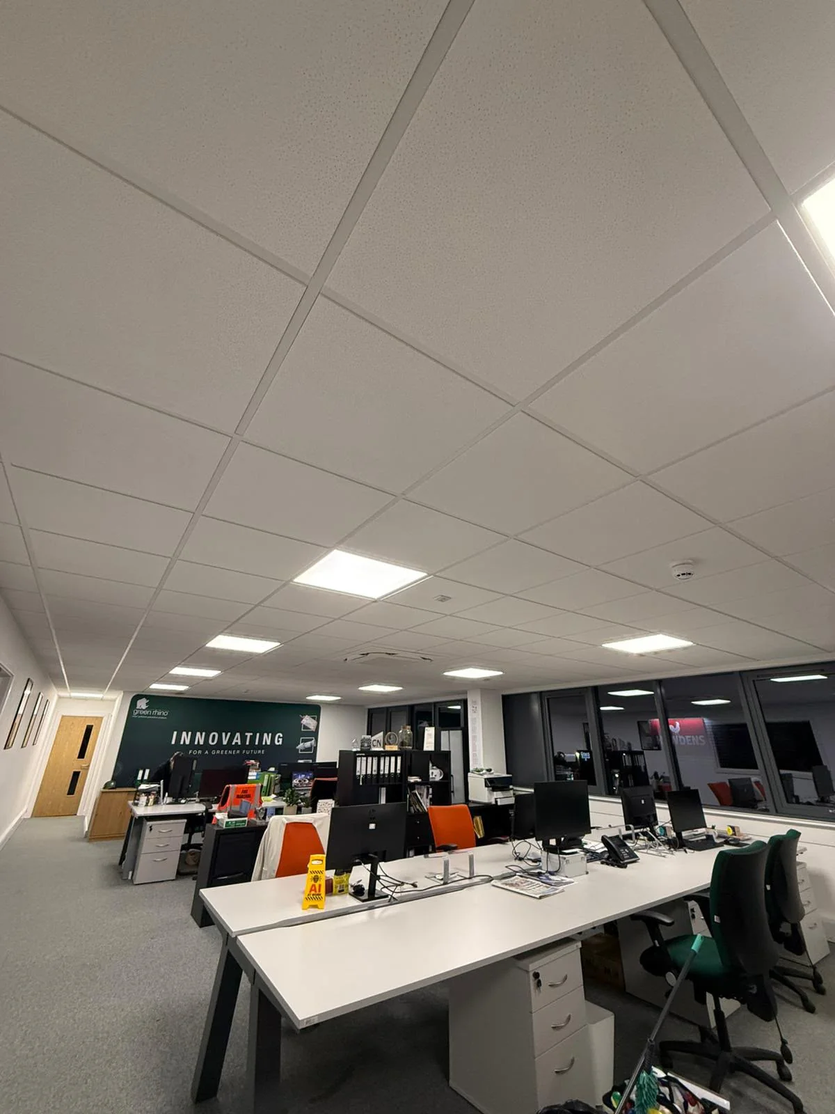 Freshly cleaned open-plan office workspace